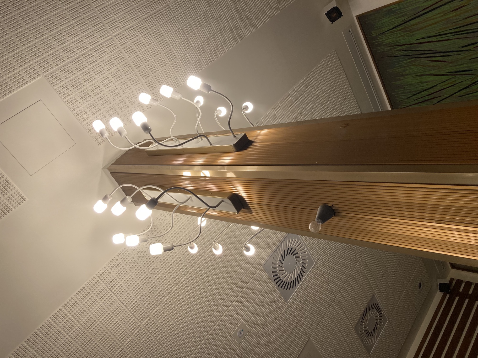 Detailaufnahme einer Säule mit den Lampen, an einer länglichen Leiste sind jeweils 6 Lampenhalterungen befestigten, die sich wie Pflanzen Richtung Decke strecken